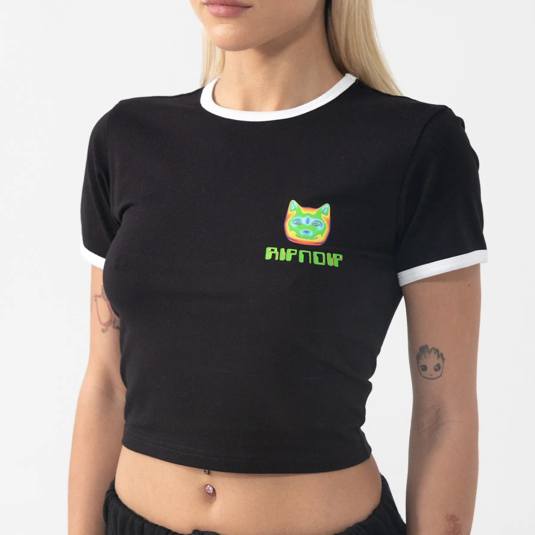 Ripndip Womens|Womens<Thermal Nermal Cropped Ringer Tee (Black)